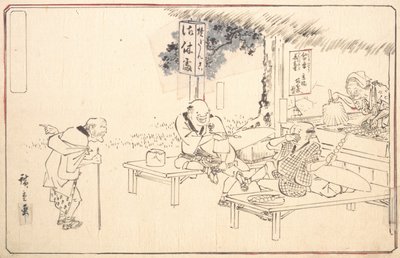 Die berühmten praktischen Scherzkekse Yajirobei in einem Straßenrestaurant, ca. 1840 von Ando Hiroshige