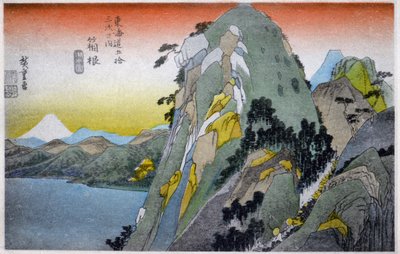 Geographie. Japan. Hakone-See (10. Station). Holzschnitt von Hiroshige in: Dreiundfünfzig Stationen des Tokaido (1833-1834). Postkarte, Japan, um 1900 von Ando or Utagawa (after) Hiroshige