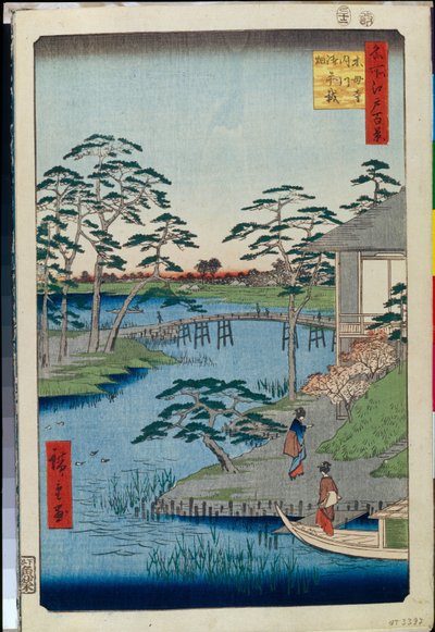 Hundert berühmte Ansichten von Edo: Mokuboji-Tempel und Gemüsefelder am Uchigawa-Inlet von Ando or Utagawa Hiroshige