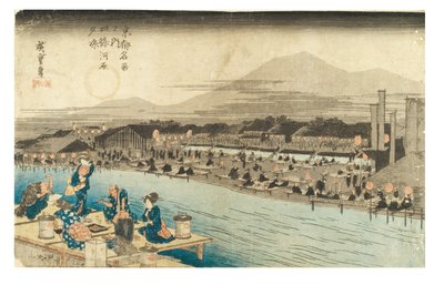 Kühle des Abends am Shijo-Flussufer aus der Serie Berühmte Orte in Kyoto, um 1833-1834 von Ando or Utagawa Hiroshige