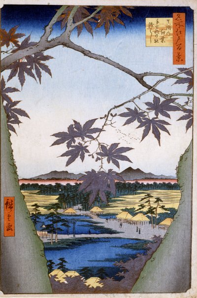 Ahornbäume zu Mama mit Tekona-Tempel und Tsugi-Brücke. 1857. Drucke von Katsushika (Utagawa) Hiroshige (1797-1858). von Ando or Utagawa Hiroshige