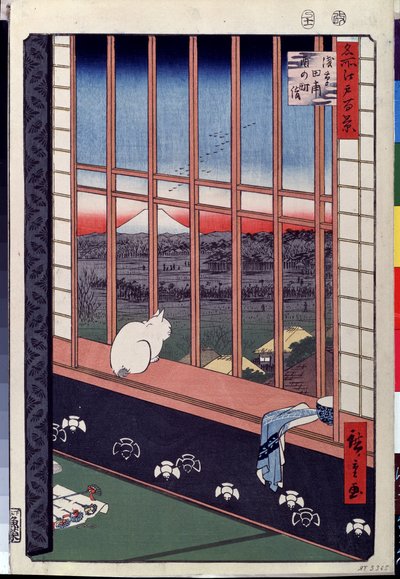 Serie "Die hundert berühmten Ansichten von Edo": "Die Reisfelder von Asakusa während des Hahnenfestes, eine Katze sitzt auf dem Fenstersims". Druck von Utagawa Hiroshige (1797-1858) 19. Jahrhundert, Puschkin-Museum, Moskau von Ando or Utagawa Hiroshige