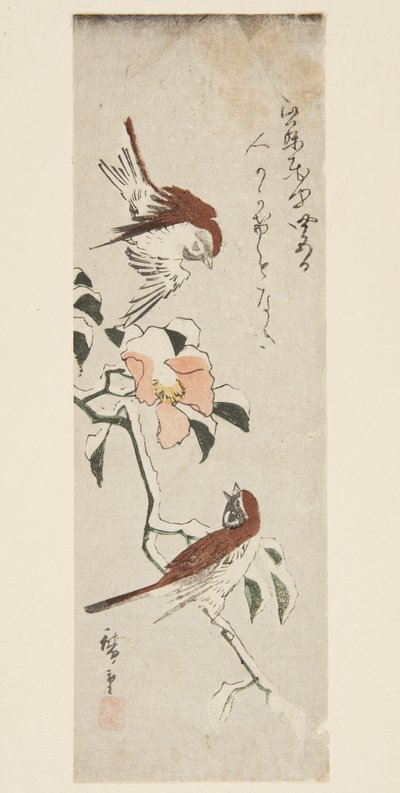 Spatzen und Kamelie im Schnee von Ando or Utagawa Hiroshige