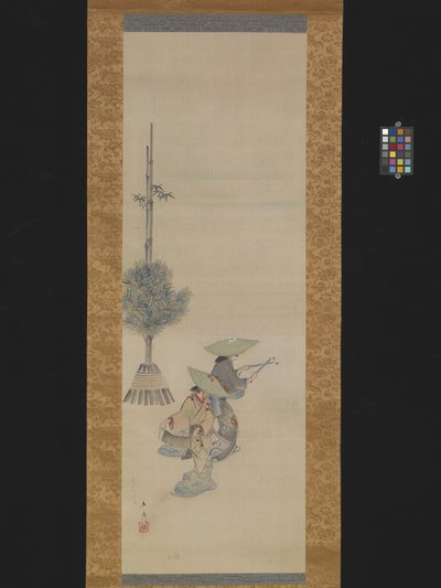 Zwei Frauen mit Hüten tanzen von Ando or Utagawa Hiroshige