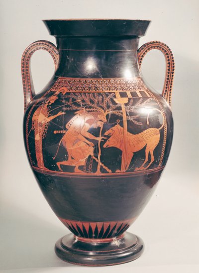 Attische rotfigurige Bauchamphore, die Herakles bei der Gefangennahme von Kerberus zeigt, griechisch, aus Athen, 6. Jahrhundert v. Chr. von Andokides Painter