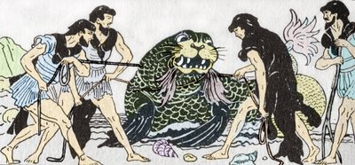 Odyssee von Homer: „Menelaos kehrt aus dem Trojanischen Krieg zurück und fängt mit seinen Gefährten den Gott Proteus auf der Insel Pharos“ von Andre Bonamy