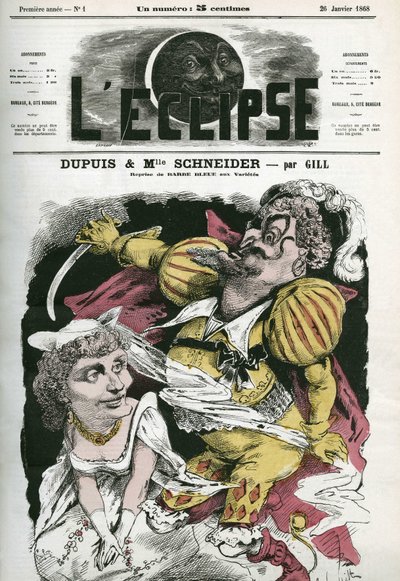 Blaubart, Oper nach der Musik von Offenbach im Varieté-Theater, mit Dupuis als „Blaubart“ und Hortense Schneider als Boulotte. Titelblatt in „L