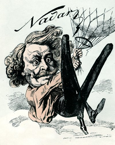 Karikatur von Felix Nadar, Pionier der Luftbildfotografie im Jahr 1858, hier hängend von seinem Ballon (Gravur) von Andre Gill