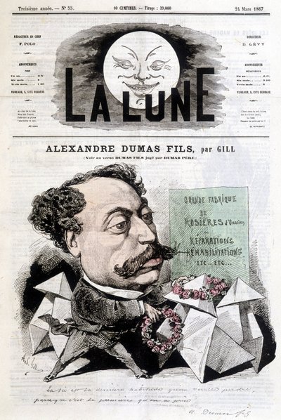 Komische Zeichnung über Alexandre Dumas Fils von Gill. Titelblatt „La Lune“ vom 24/03/1867. von Andre Gill