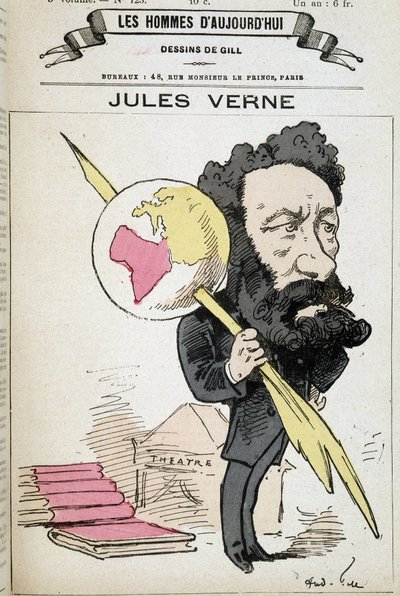 Jules Verne kneift die Erde an seinen Stift - von Gill, in „Die Männer von heute“ von Andre Gill