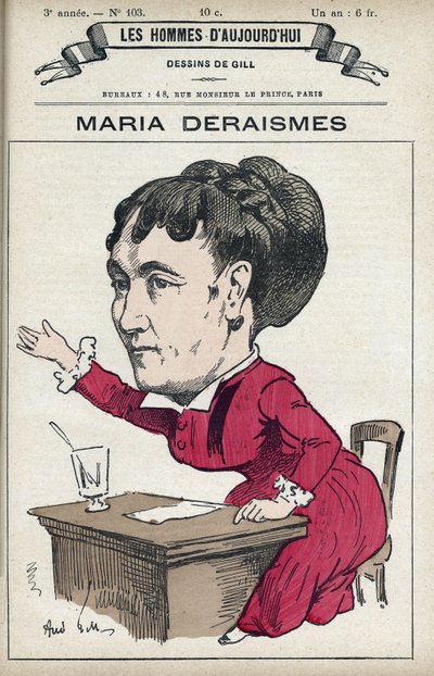 Porträt von Maria Deraismes (1828-1894), eine französische Schriftstellerin und Feministin, sie gründete zusammen mit Leon Richer, Louise Michel und Paule Minck die Association pour le droit des femmes im Jahr 1869. Karikatur von Gill, Paris von Andre Gill