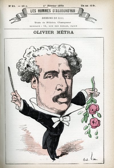 Porträt von Olivier Metra (1830-1889), französischer Schauspieler und populärer Komponist. Karikatur von Gill, in "Les Homme d