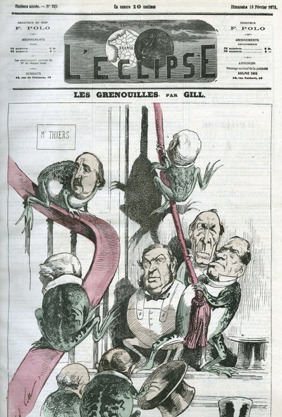 Die Frösche, eine Karikatur von Politikern in der Regierung von Präsident Thiers als Frösche. Titelblatt in „L