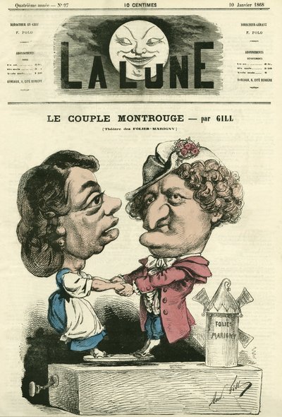 Das Paar Montrouge im Folies-Marigny-Theater. Karikatur von Gill, in „La Lune“, 10. Januar von Andre Gill