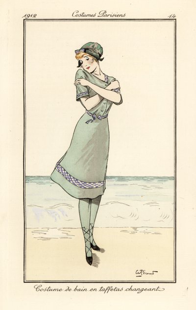 Frau am Strand im Badeanzug aus zweifarbigem Taft von Andre Pecoud