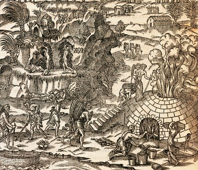Indische Sklaven arbeiten in einer Mine auf Kuba, Illustration aus der Kosmographie von Andre Thevet von Andre Thevet