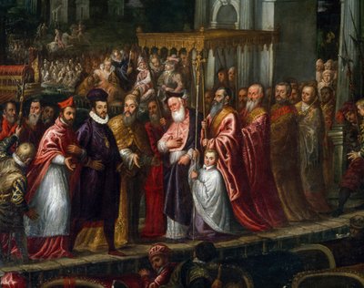 Doge Mocenigo und Patriarch Trevisan begrüßen Heinrich III. im Jahr 1574 am Lido von Andrea Vicentino