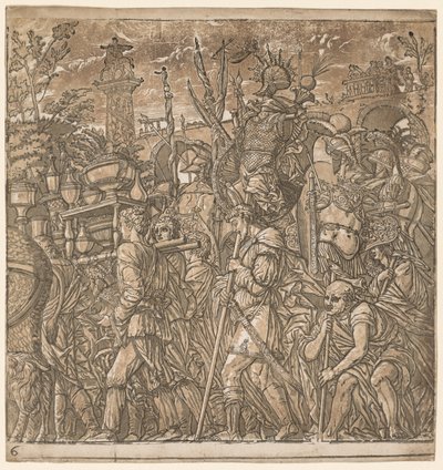 Der Triumph von Julius Caesar: Soldaten tragen Vasen und Kriegstrophäen von Andrea Andreani