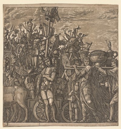 Der Triumph von Julius Caesar: Soldaten marschieren mit Kriegstrophäen, 1593-99 von Andrea Andreani