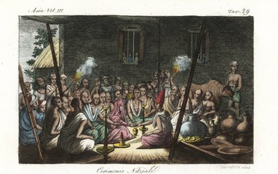 Hindu-Brahmanen-Hochzeitszeremonie im Haus der Frau. Handkolorierte Kupferplatte, gezeichnet und graviert von Andrea Bernieri nach Francois Solvyns aus Giulio Ferrarios 