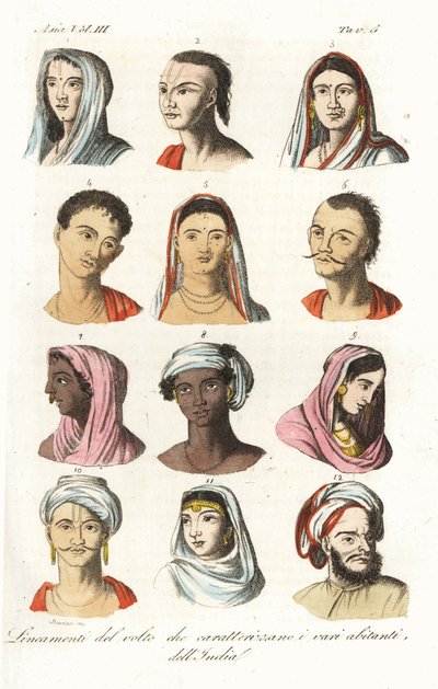 Porträts verschiedener indischer Kasten: Brahmanen, Kshatriyas oder Khatri, Punjabi-Handelskaste, Vaisyas, Sudras, Hindus von Oberindien und Mughals. Handkolorierter Kupferstich von Andrea Bernieri nach François Solvyns von Andrea Bernieri