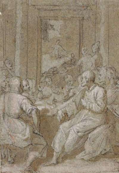 Das letzte Abendmahl, mit Blick auf Christus im Garten Gethsemane durch die Tür im Hintergrund von Andrea Boscoli
