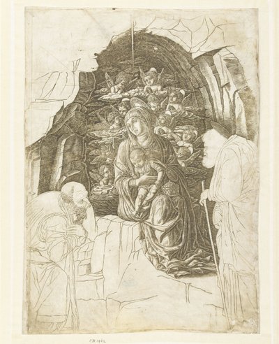 Maria mit Kind umgeben von Engeln in einer Grotte mit Josef und König in Anbetung von Andrea Mantegna (school of)