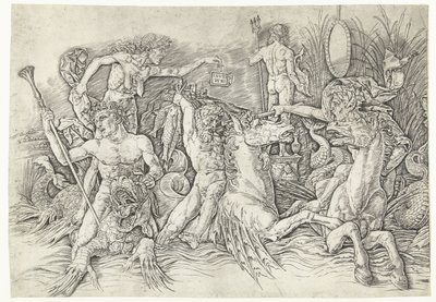 Kampf zwischen Satyrn auf Hippokampen und alter Frau als Personifikation des Neids auf dem Rücken eines Drachen von Andrea Mantegna