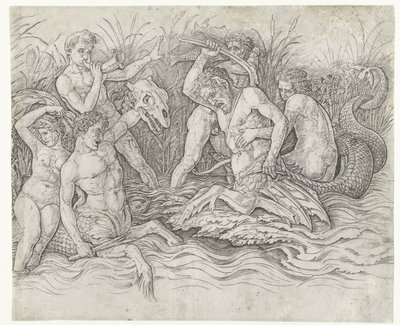 Kampf zwischen Tritonen mit Nereiden auf ihrem Rücken Kampf der Meeresgötter von Andrea Mantegna