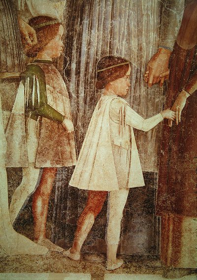 Ankunft von Kardinal Francesco Gonzaga, begrüßt von seinem Vater Marchese Ludovico Gonzaga III und seinen Brüdern, Detail der Gonzaga-Kinder (Detail) von Andrea Mantegna
