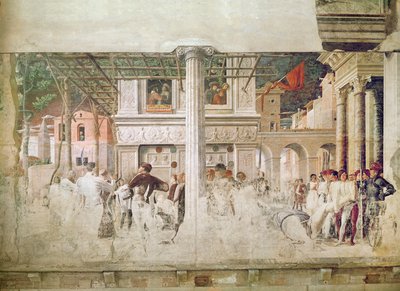 Das Martyrium des Heiligen Christophorus und die Überführung seines Körpers (vor der Restaurierung), ca. 1450-56 von Andrea Mantegna
