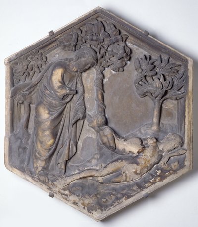 Die Erschaffung Evas, sechseckige dekorative Reliefkachel aus einer Serie, die Episoden aus Genesis darstellt, möglicherweise basierend auf Entwürfen von Giotto (ca. 1266-1337) ca. 1334-48 von Andrea Pisano