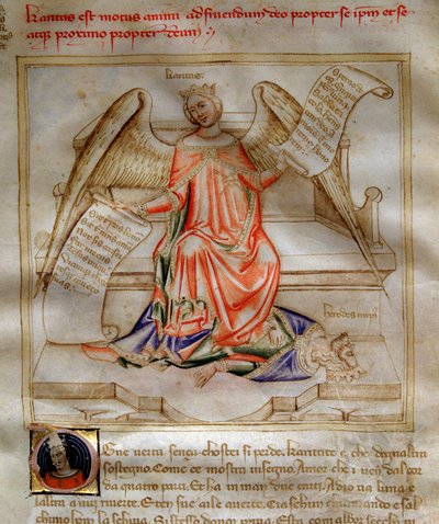 Allegorie der Nächstenliebe, die Herodes I. den Großen zu Füßen tritt, in „Song of the Seven Vertus and the Seven Liberals Arts destinee for Bruzio Visconti“ (La Canzone delle Virtu e delle Scienze) von Bartolomeo di Bartoli. Aquarell von Andrea di Bartoli von Andrea de Bartoli