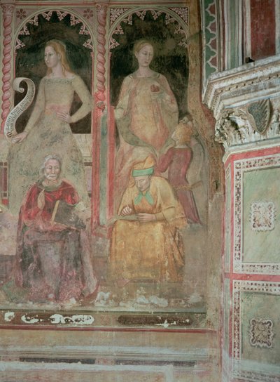 Die kämpfende und triumphierende Kirche, im spanischen Kapellendetail von Rhetorik, Cicero, Grammatik und Aelius Donatus von Andrea di Bonaiuto (fl.1343 77)