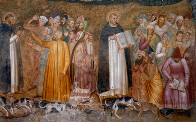Triumph der kämpfenden Kirche: Thomas von Aquin vor den Ketzern und unten rechts, Fra Dolcino zerreißt die offizielle Lehre der Kirche. Kapelle der Spanier (Detail des Freskos, 1365) von Andrea di Bonaiuto (fl.1343 77)