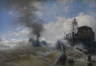 Ein Schlepper verlässt den Hafen von Ostende bei Flut von Andreas Achenbach