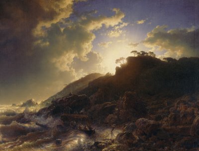 Sonnenuntergang nach einem Sturm an der Küste Siziliens, 1853 von Andreas Achenbach