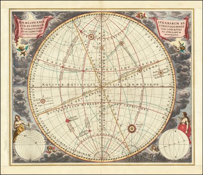1660 Himmelskarte, die die Bewegungen der aufrechten und der schrägen Sphäre illustriert von Andreas Cellarius