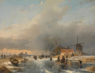 Eine Winterlandschaft, rechts eine Mühle und Häuser an einem zugefrorenen Kanal von Andreas Schelfhout
