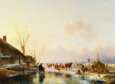 Schlittschuhläufer bei einer Bude auf einem zugefrorenen Fluss, 1850 von Andreas Schelfhout