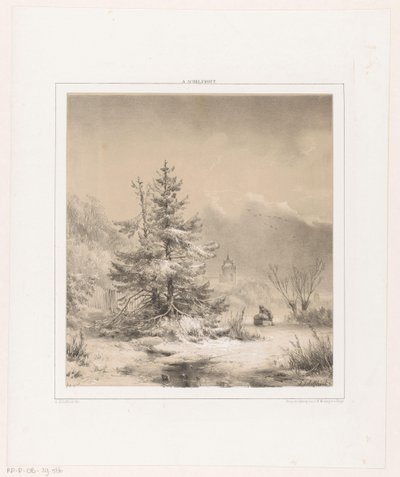 Winterlandschaft mit Nadelbäumen und Mann mit Schlitten von Andreas Schelfhout