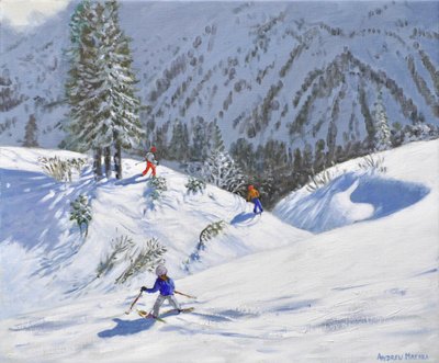 Drei Skifahrer, Kitzbühel, Österreich, 2024 von Andrew Macara
