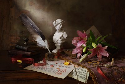 Feder und Rosa Lilien von Andrey Morozov