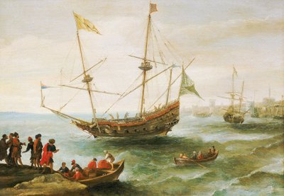 Ein Algerier in einem Hafen in der Barbarei (Name, der von Europäern der Küste Nordafrikas vom 16. bis 19. Jahrhundert gegeben wurde). Ölgemälde von Andries van Eertvelt (1590-1652) von Andries van Eertvelt