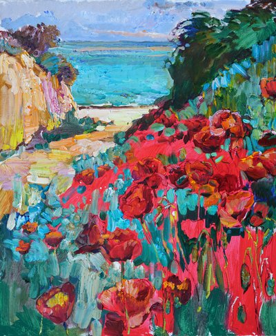 Rote Mohnblumen Küstenblick von Andrii Kutsachenko