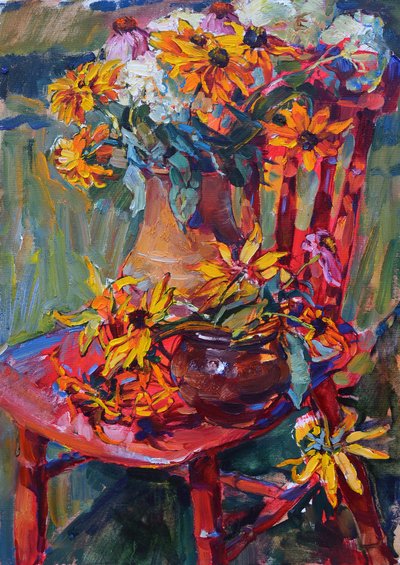 Gelbe Blüten Roter Stuhl von Andrii Kutsachenko