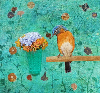 Blaues Vögelchen und Blumen von Angeles M. Pomata