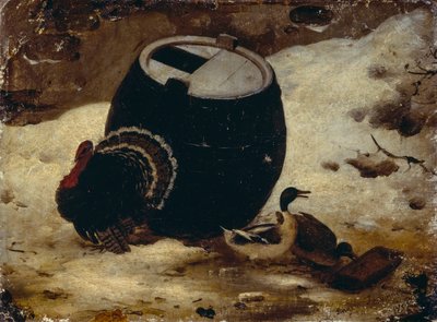 Tiere und ein Fass im Schnee von Angelo Inganni