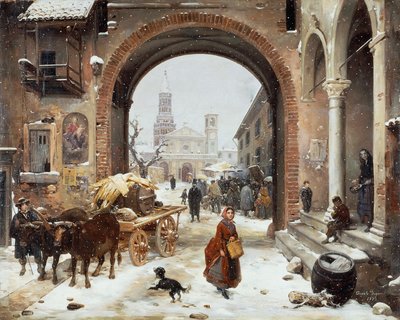 Wintermarkt vor der Abtei von Clairvaux von Angelo Inganni