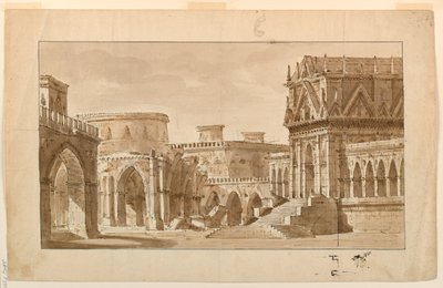 Bühnenbild, gotischer Palast, Kirche und Festung von Angelo Toselli